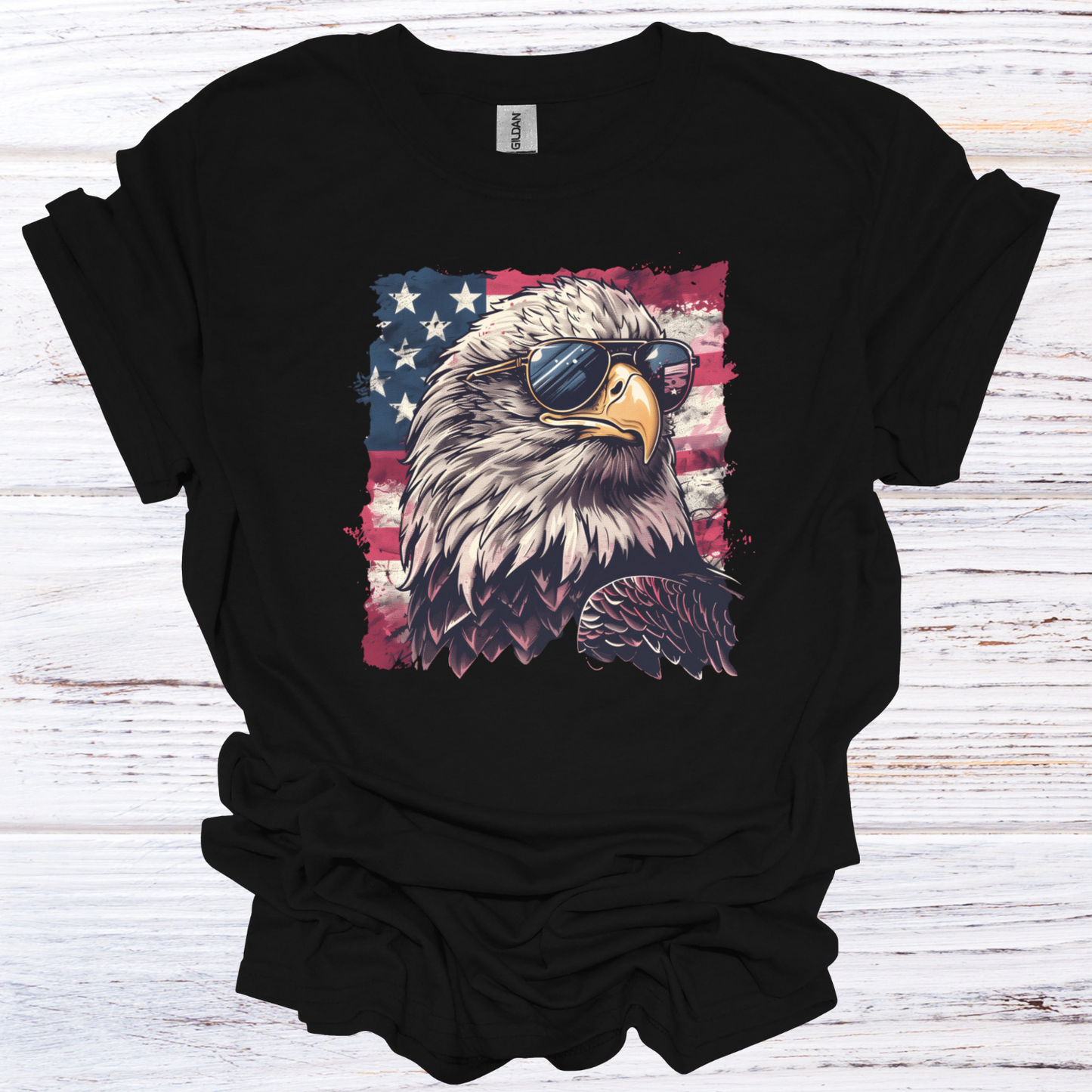 Patriotic Eagle with Sunglasses American Flag T-Shirt Unisex Adult Great Gift Him Her Birthday Holiday Christmas