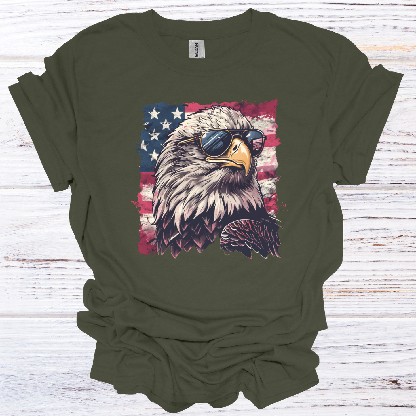 Patriotic Eagle with Sunglasses American Flag T-Shirt Unisex Adult Great Gift Him Her Birthday Holiday Christmas