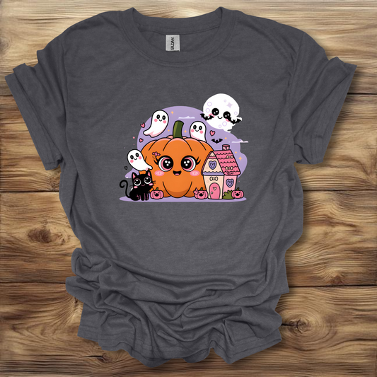 Cute Halloween Pumpkin Cat Kawaii Scene T-Shirt Unisex Adult Great Gift Him Her Birthday Holiday Christmas