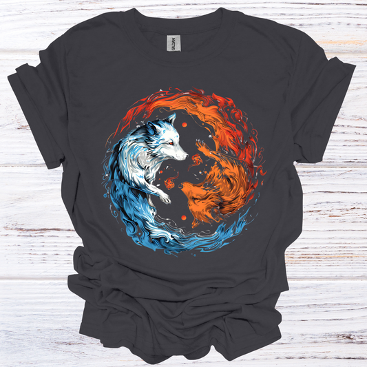 Fire and Ice Wolf Yin Yang T-Shirt Unisex Adult Great Gift Him Her Birthday Holiday Christmas