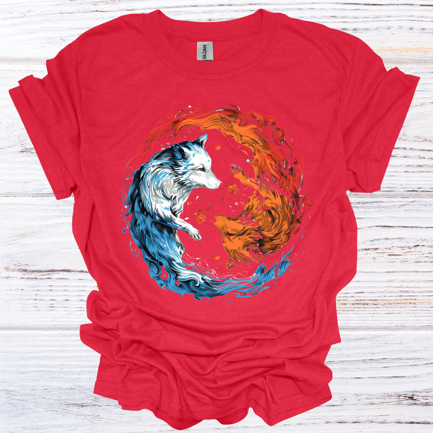 Fire and Ice Wolf Yin Yang T-Shirt Unisex Adult Great Gift Him Her Birthday Holiday Christmas