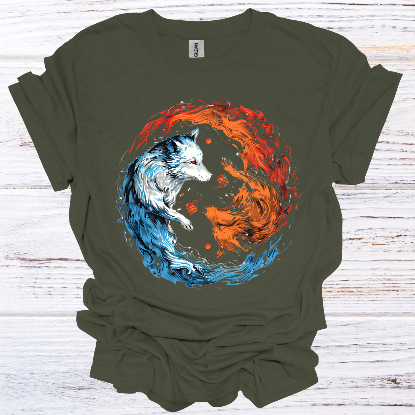 Fire and Ice Wolf Yin Yang T-Shirt Unisex Adult Great Gift Him Her Birthday Holiday Christmas