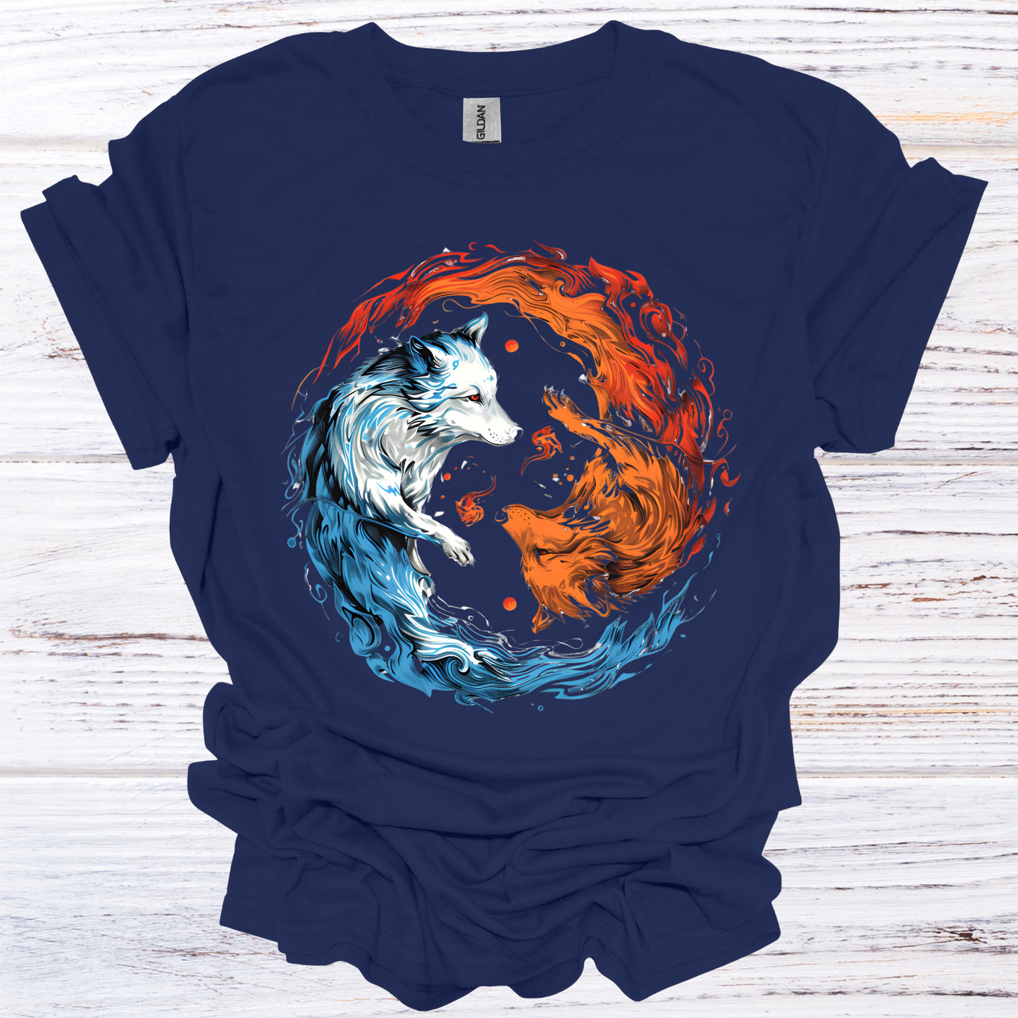 Fire and Ice Wolf Yin Yang T-Shirt Unisex Adult Great Gift Him Her Birthday Holiday Christmas